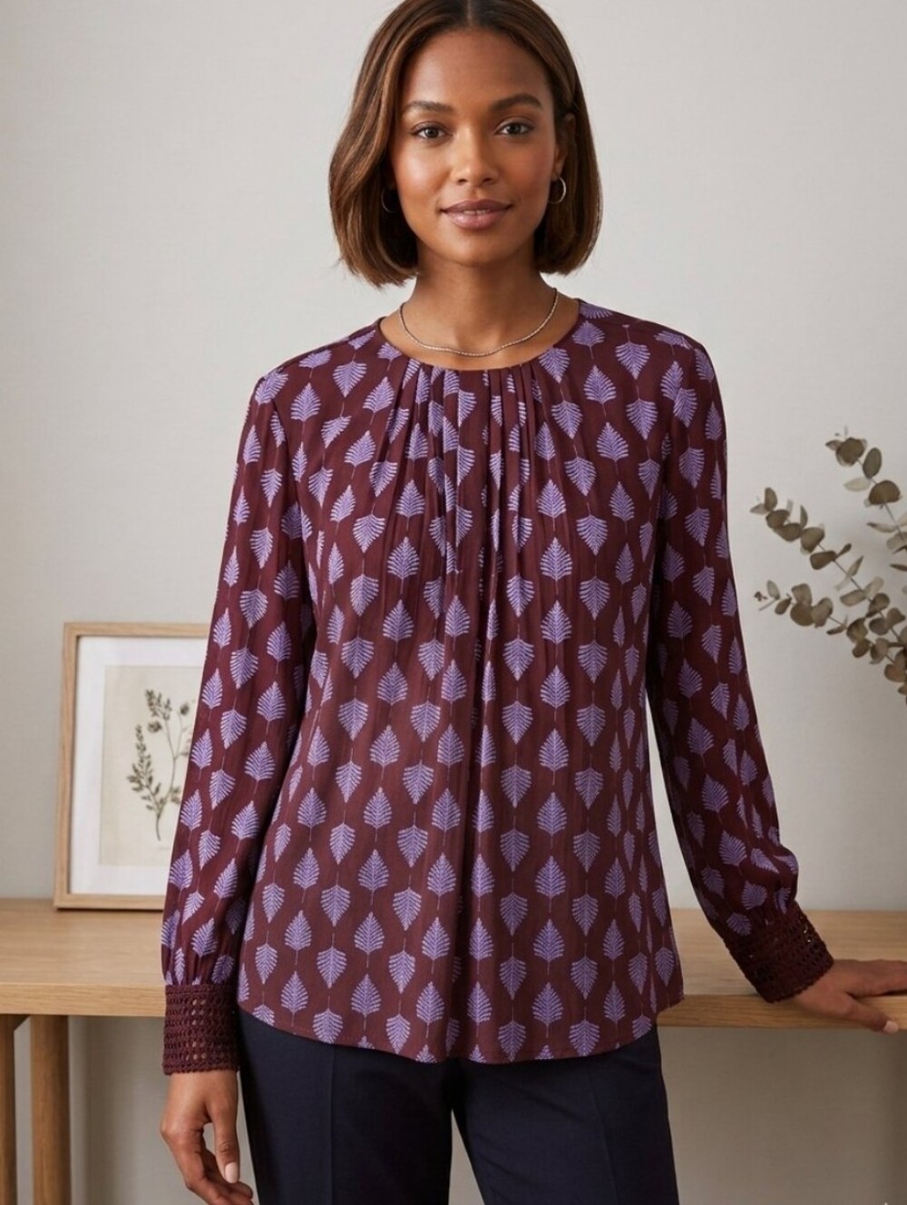 Ann Taylor Pleated Neck Long Sleeves Pullover Printed Blouse Sz XL